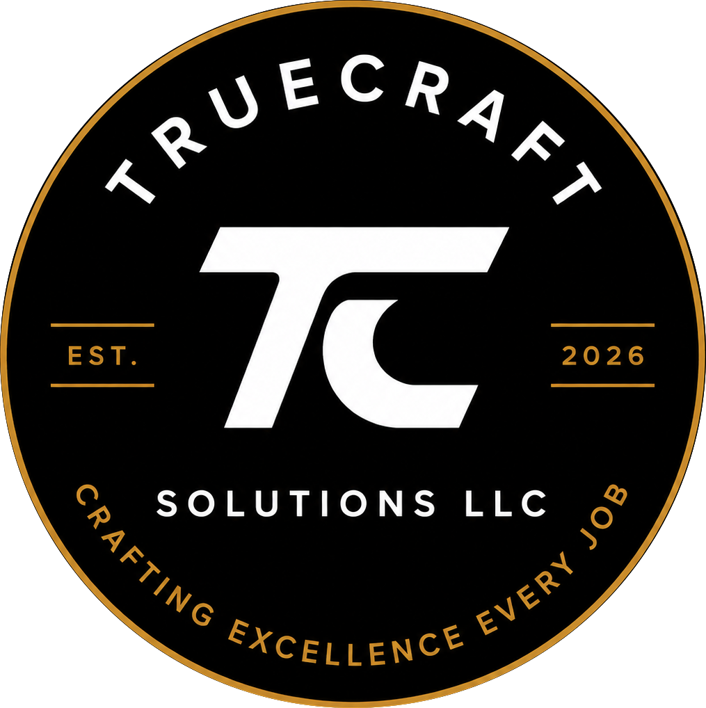 TrueCraft Solutions LLC circular badge logo — black, gold, and white with TC monogram