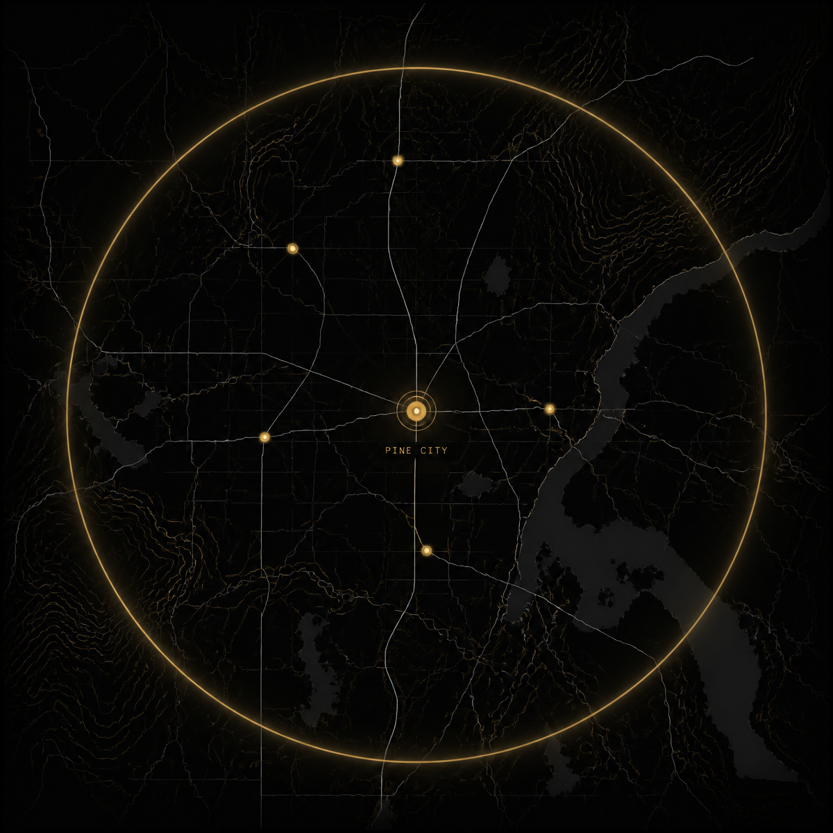 Map of the 50-mile service radius around Pine City, Minnesota